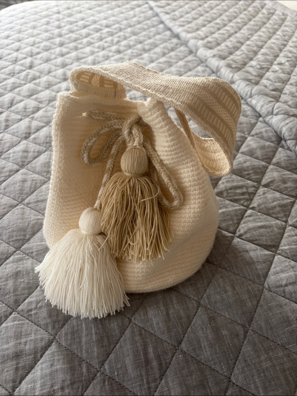 Cream Crochet Mini Bucket Bag with Tassel Accent